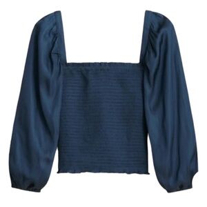 NWT- J.Crew square neck, smocked long sleeve satin, midnight blue, size Large